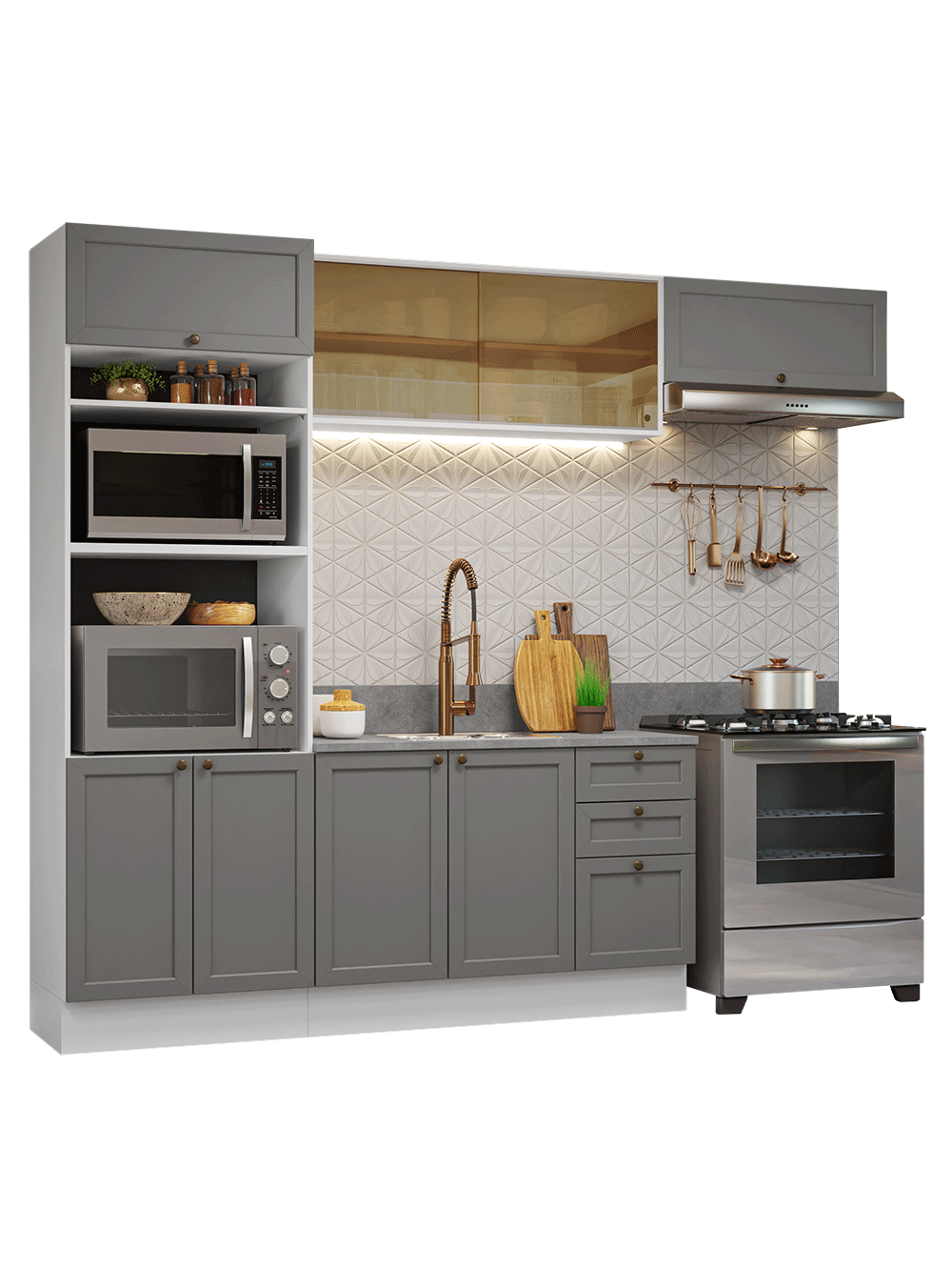 Armário de Cozinha Completa 270 cm Branco/Cinza Vik Madesa 04 - Branco/Cinza