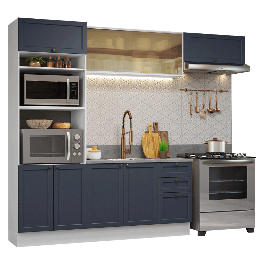 Armário de Cozinha Completa 270 cm Branco/Azul Vik Madesa 04 - Branco/Azul