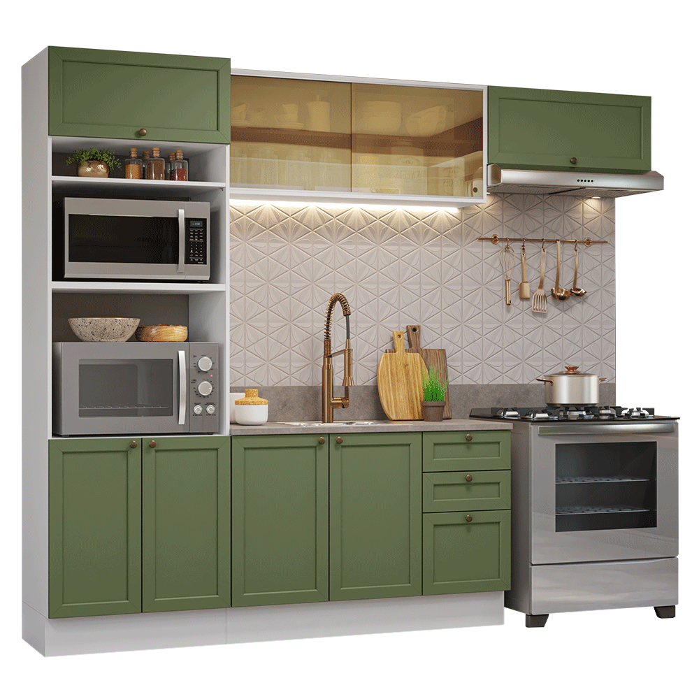 Armário de Cozinha Completa 270 cm Branco/Verde Vik Madesa 04 - Branco/Verde