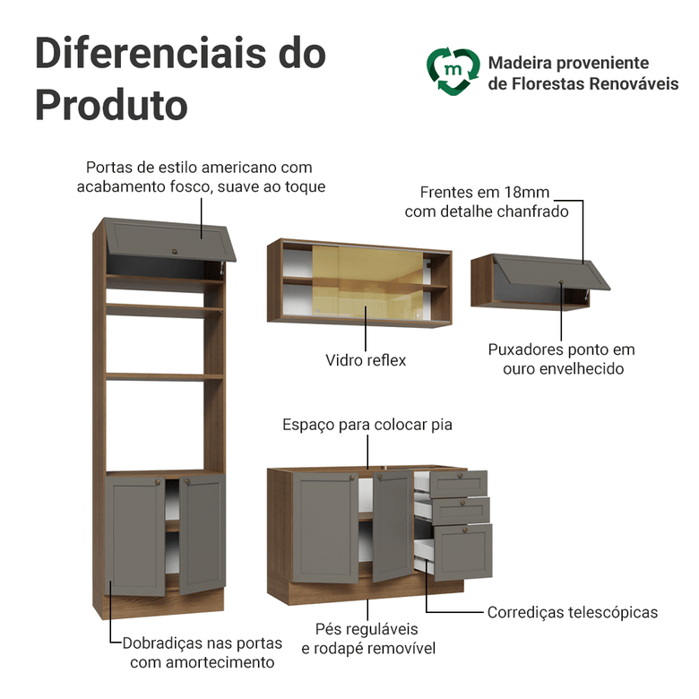 Armário de Cozinha Completa 270 cm Rustic/Cinza Vik Madesa 04