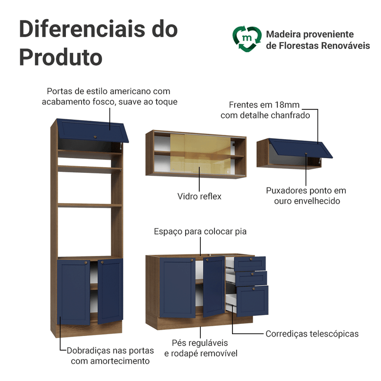 Armário de Cozinha Completa 270 cm Rustic/Azul Vik Madesa 04