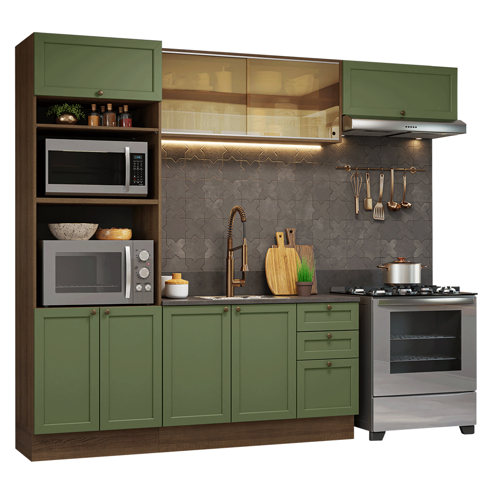 Armário de Cozinha Completa 270 cm Rustic/Verde Vik Madesa 04 - Rustic/Verde
