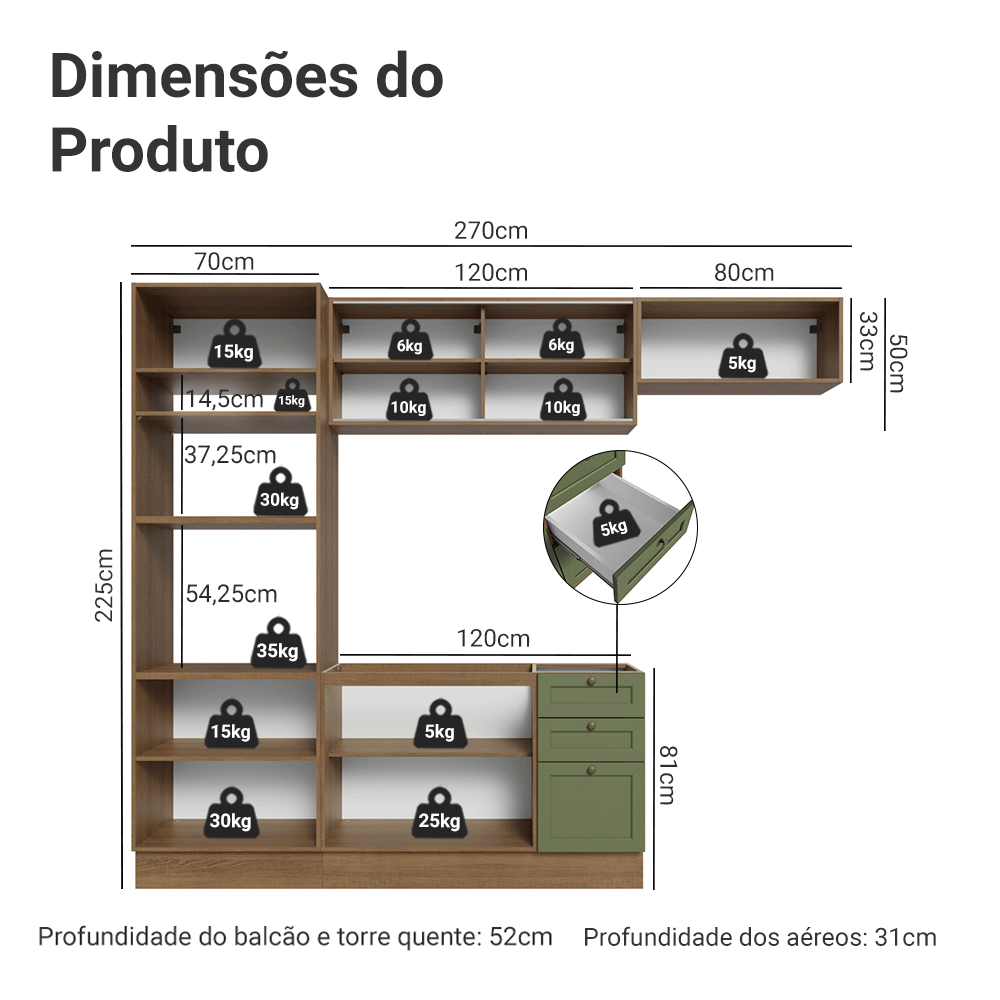 Armário de Cozinha Completa 270 cm Rustic/Verde Vik Madesa 04