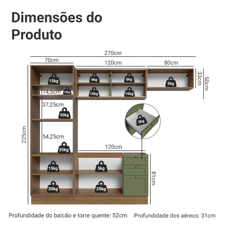 Armário de Cozinha Completa 270 cm Rustic/Verde Vik Madesa 04
