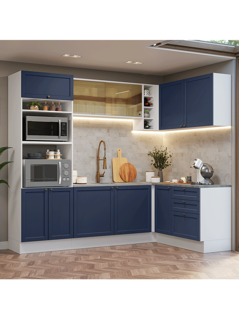 Armário de Cozinha Completa de Canto 399 cm Branco/Azul Vik Madesa 02
