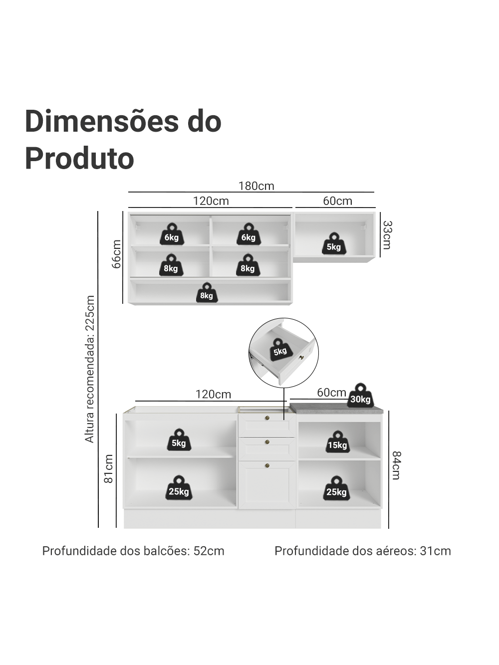 Armário de Cozinha Completa 180 cm Branco Vik Madesa 05