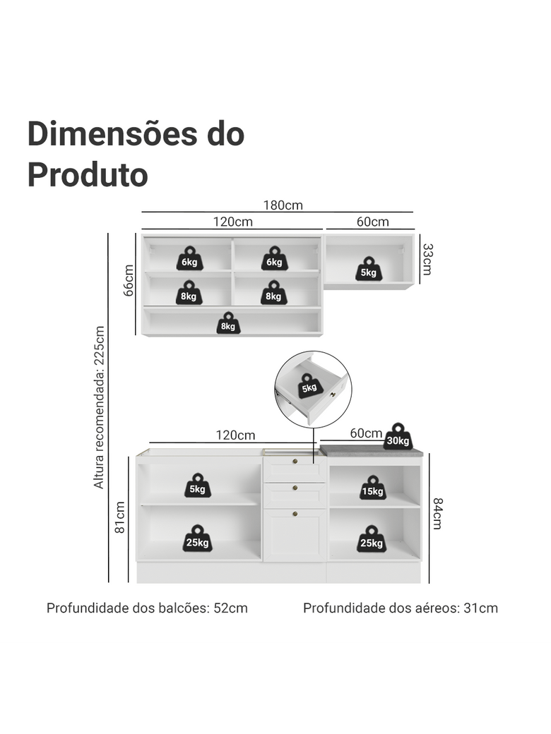 Armário de Cozinha Completa 180 cm Branco Vik Madesa 05