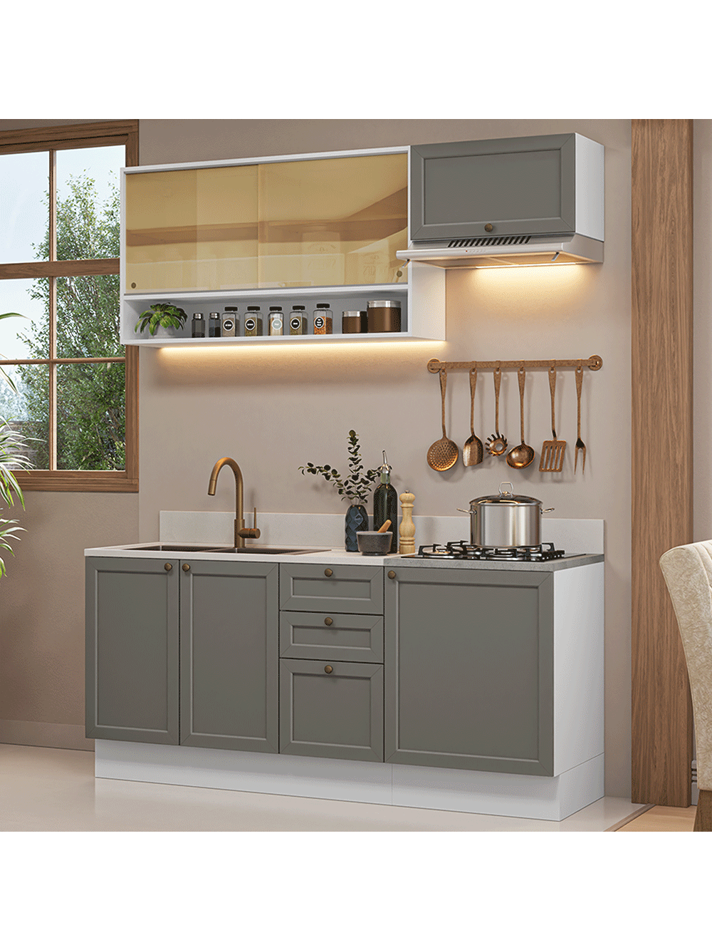 Armário de Cozinha Completa 180 cm Branco/Cinza Vik Madesa 05 - Branco/Cinza