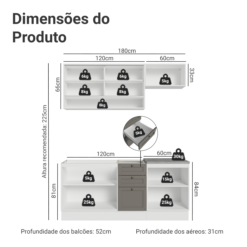 Armário de Cozinha Completa 180 cm Branco/Cinza Vik Madesa 05