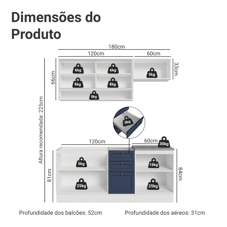 Armário de Cozinha Completa 180 cm Branco/Azul Vik Madesa 05