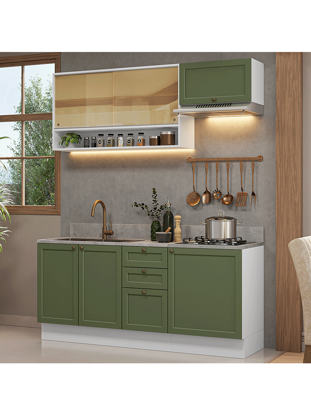 Armário de Cozinha Completa 180 cm Branco/Verde Vik Madesa 05 - Branco/Verde