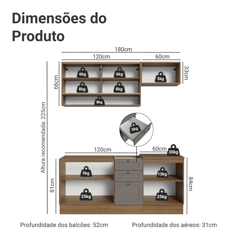 Armário de Cozinha Completa 180 cm Rustic/Cinza Vik Madesa 05