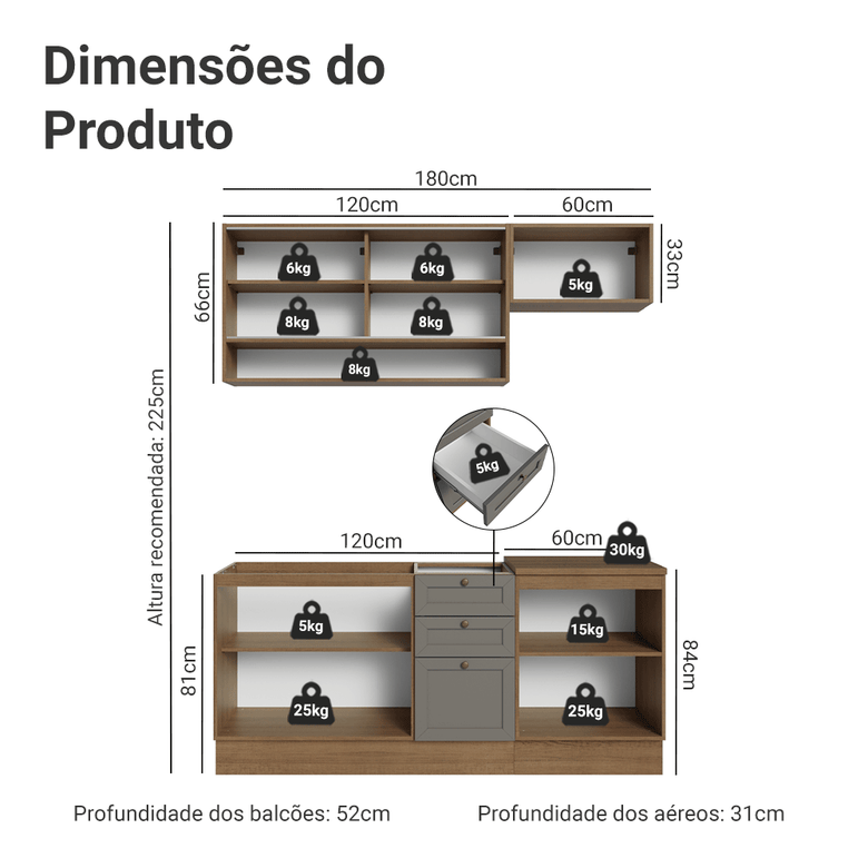 Armário de Cozinha Completa 180 cm Rustic/Cinza Vik Madesa 05