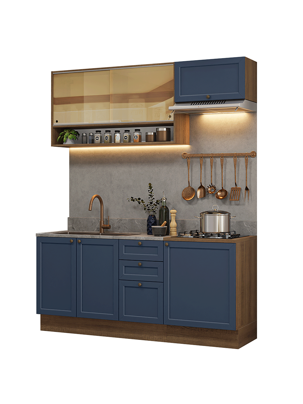 Armário de Cozinha Completa 180 cm Rustic/Azul Vik Madesa 05 - Rustic/Azul
