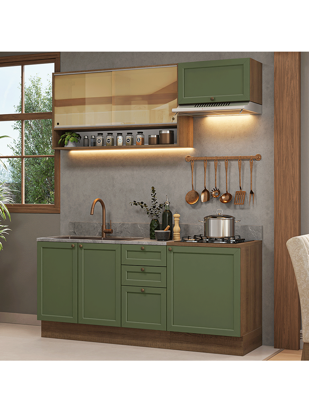 Armário de Cozinha Completa 180 cm Rustic/Verde Vik Madesa 05 - Rustic/Verde