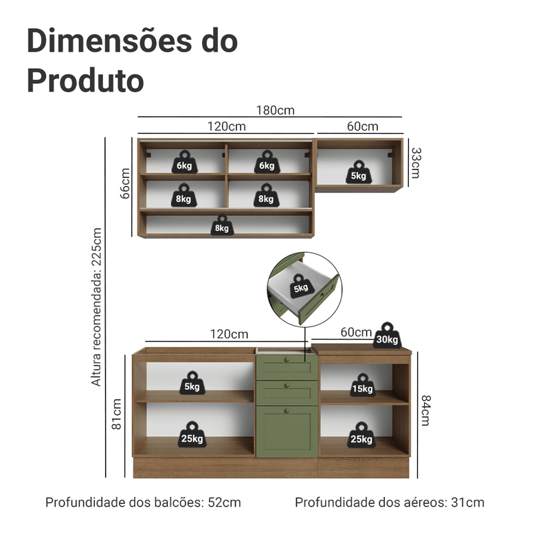 Armário de Cozinha Completa 180 cm Rustic/Verde Vik Madesa 05