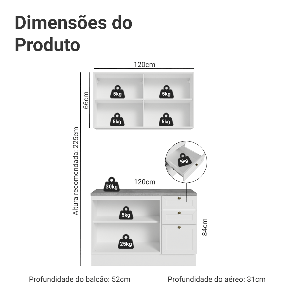 Armário de Cozinha Compacta 120 cm Branco Vik Madesa 01