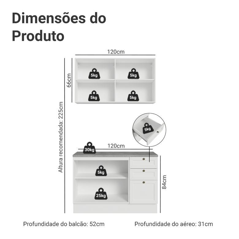 Armário de Cozinha Compacta 120 cm Branco Vik Madesa 01