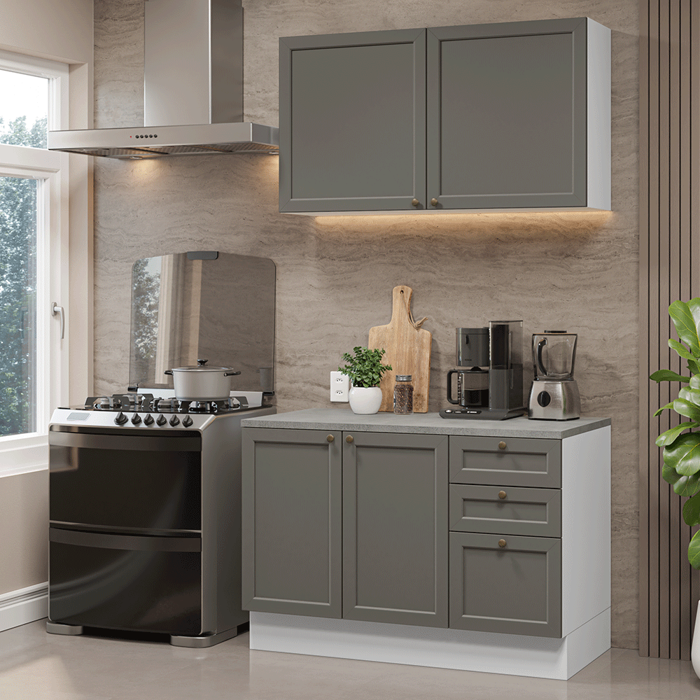 Armário de Cozinha Compacta 120 cm Branco/Cinza Vik Madesa 01 - Branco/Cinza