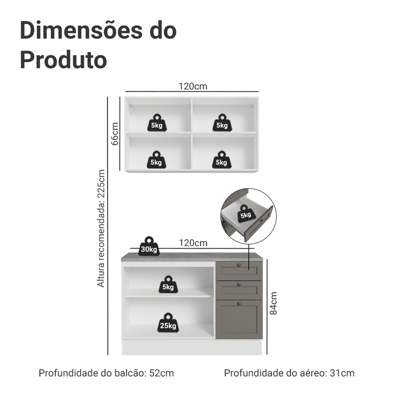 Armário de Cozinha Compacta 120 cm Branco/Cinza Vik Madesa 01