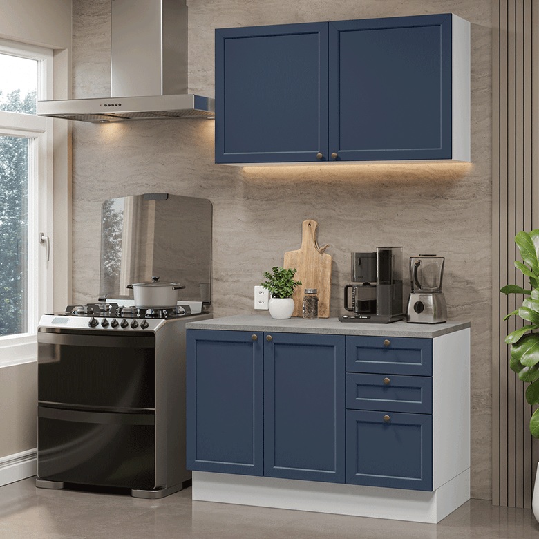 Armário de Cozinha Compacta 120 cm Branco/Azul Vik Madesa 01