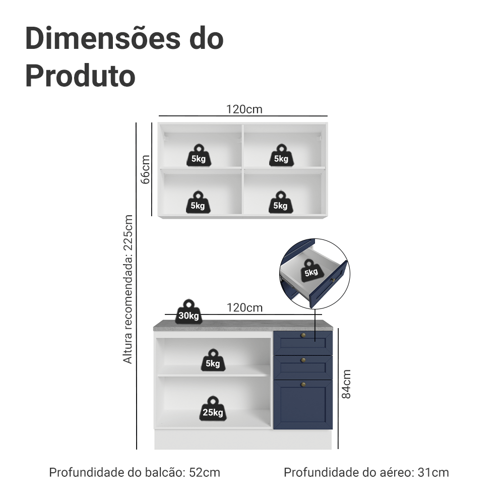 Armário de Cozinha Compacta 120 cm Branco/Azul Vik Madesa 01