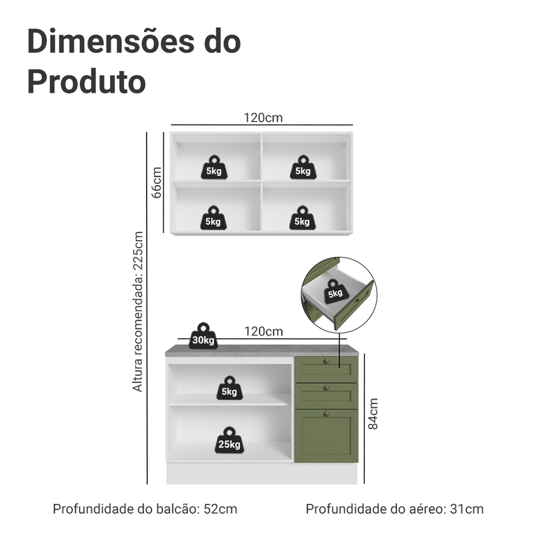 Armário de Cozinha Compacta 120 cm Branco/Verde Vik Madesa 01