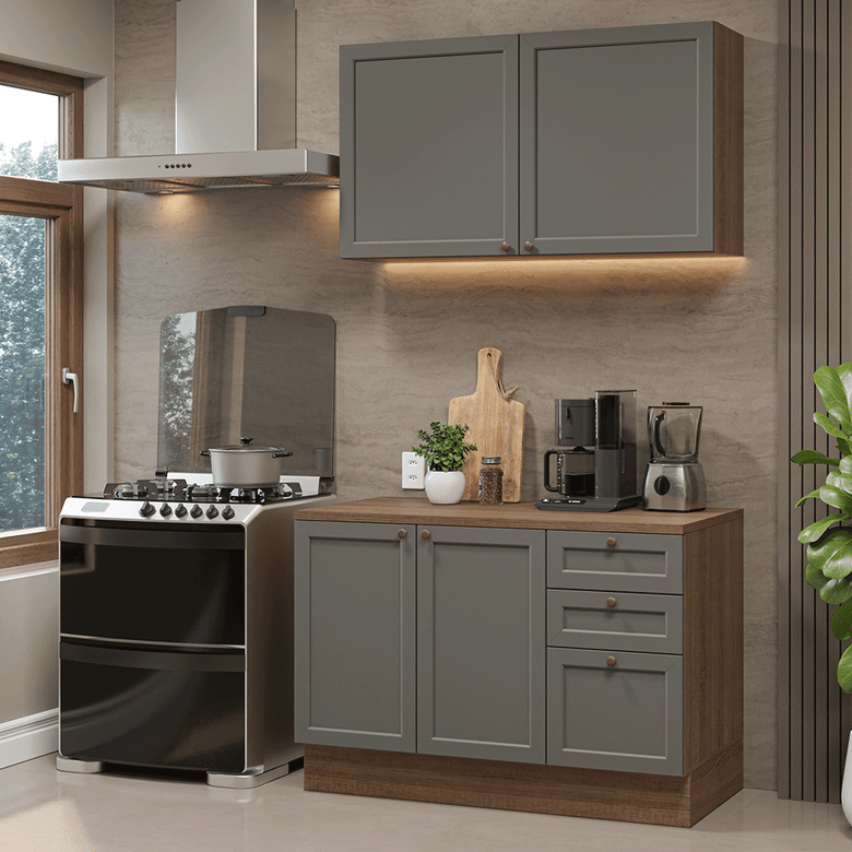 Armário de Cozinha Compacta 120 cm Rustic/Cinza Vik Madesa 01