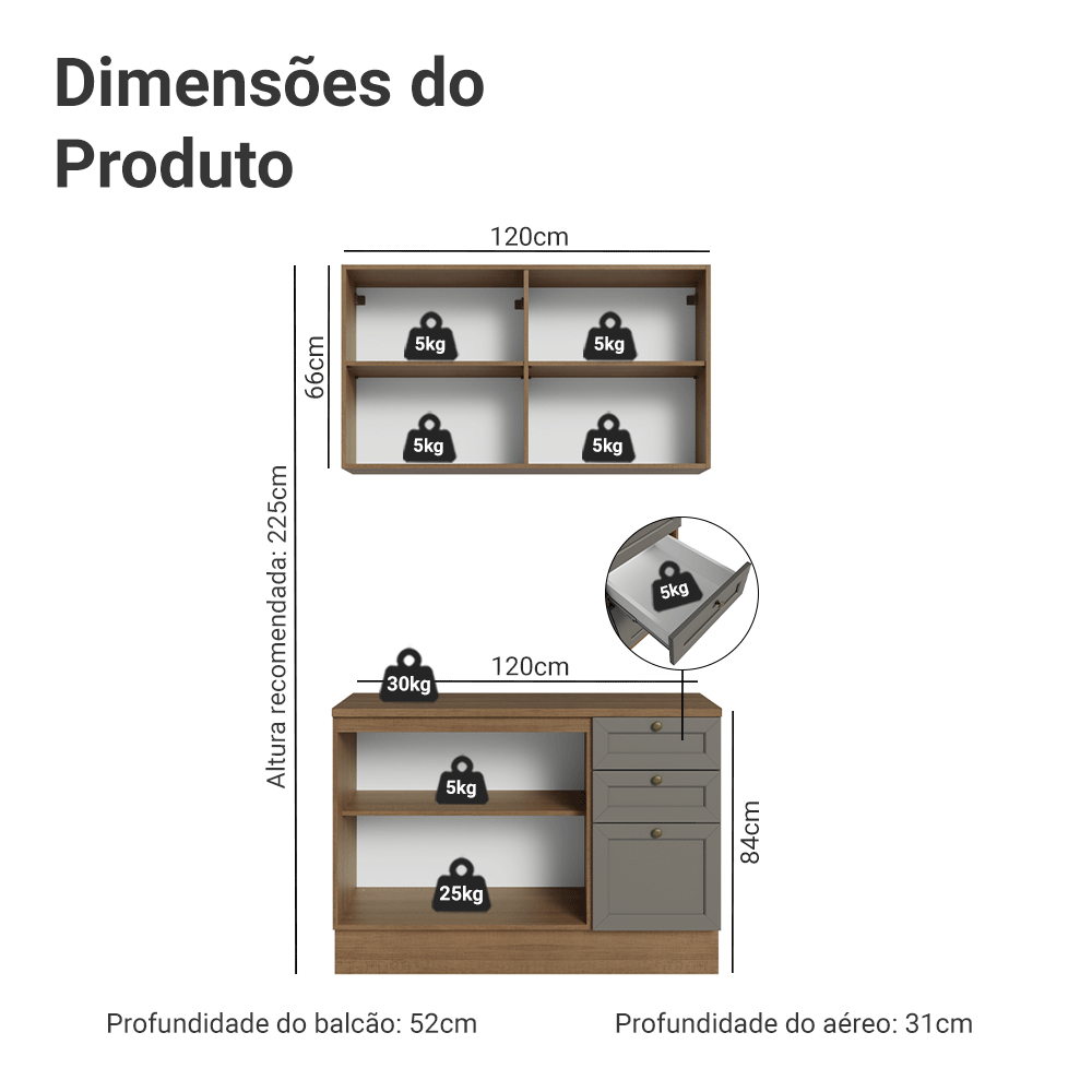 Armário de Cozinha Compacta 120 cm Rustic/Cinza Vik Madesa 01