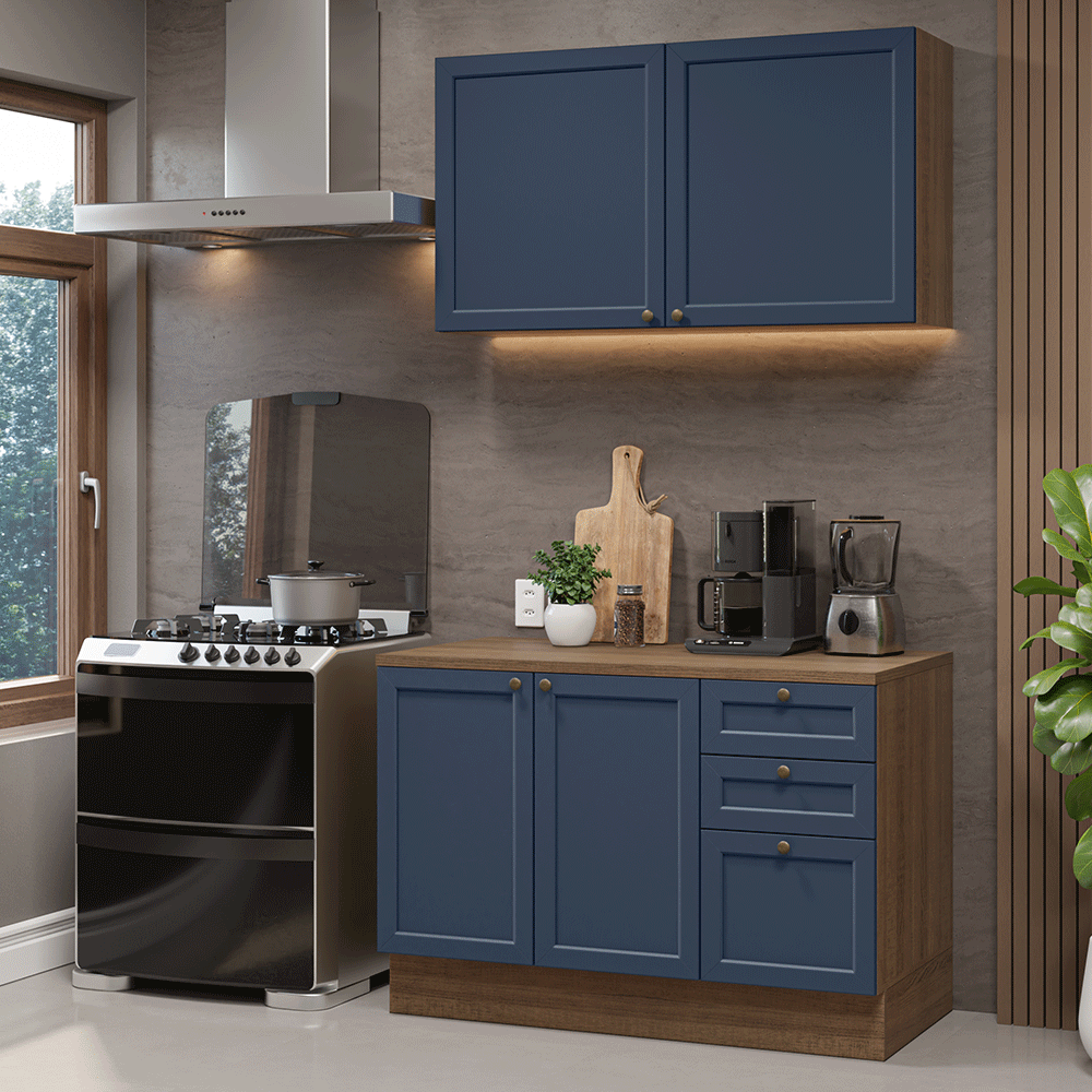 Armário de Cozinha Compacta 120 cm Rustic/Azul Vik Madesa 01 - Rustic/Azul