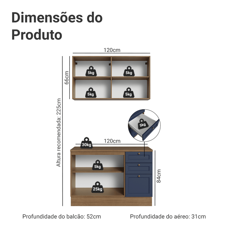 Armário de Cozinha Compacta 120 cm Rustic/Azul Vik Madesa 01