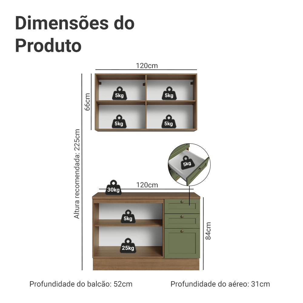Armário de Cozinha Compacta 120 cm Rustic/Verde Vik Madesa 01