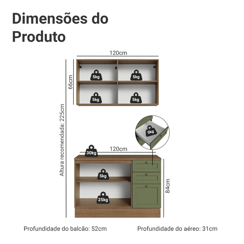 Armário de Cozinha Compacta 120 cm Rustic/Verde Vik Madesa 01