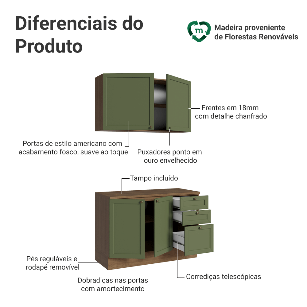 Armário de Cozinha Compacta 120 cm Rustic/Verde Vik Madesa 01