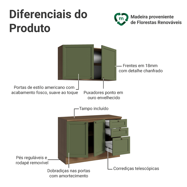 Armário de Cozinha Compacta 120 cm Rustic/Verde Vik Madesa 01