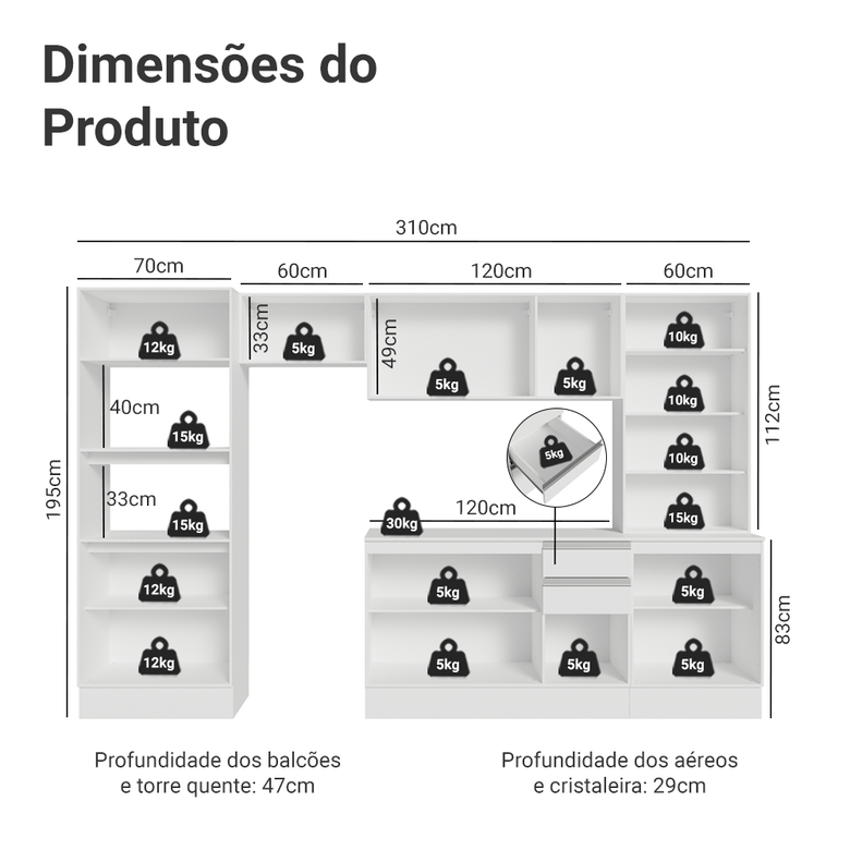 Armário de Cozinha Completa 100% MDF 310 cm Branco Smart Madesa 04