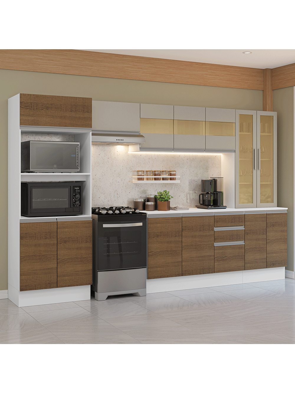 Armário de Cozinha Completa 100% MDF 310 cm Branco/Rustic/Crema Smart Madesa 04 - Branco/Rustic/Crema