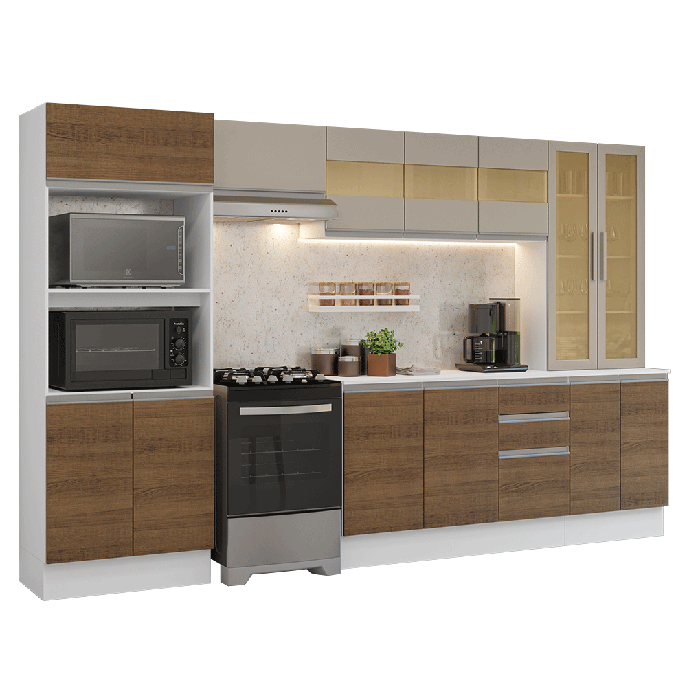 Armário de Cozinha Completa 100% MDF 310 cm Branco/Rustic/Crema Smart Madesa 04 - Branco/Rustic/Crema