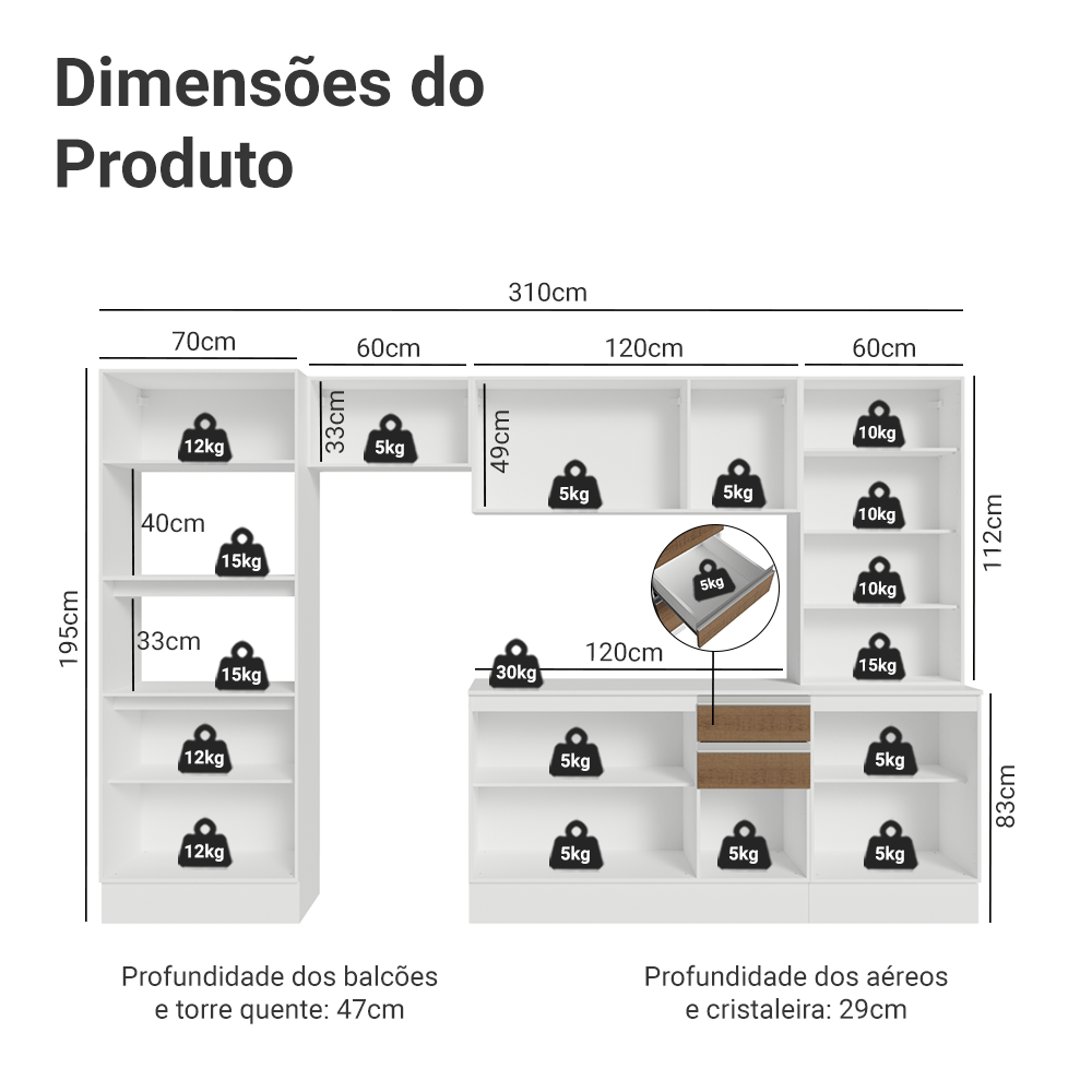Armário de Cozinha Completa 100% MDF 310 cm Branco/Rustic/Crema Smart Madesa 04