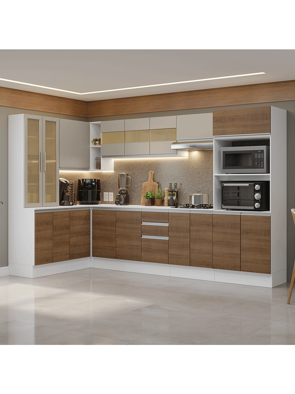 Armário de Cozinha Completa de Canto 100% MDF 447 cm Branco/Rustic/Crema Smart Madesa 02 - Branco/Rustic/Crema