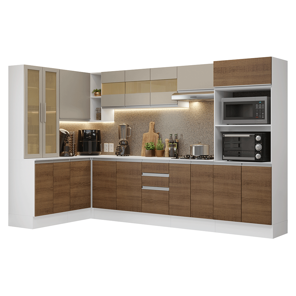Armário de Cozinha Completa de Canto 100% MDF 447 cm Branco/Rustic/Crema Smart Madesa 02 - Branco/Rustic/Crema