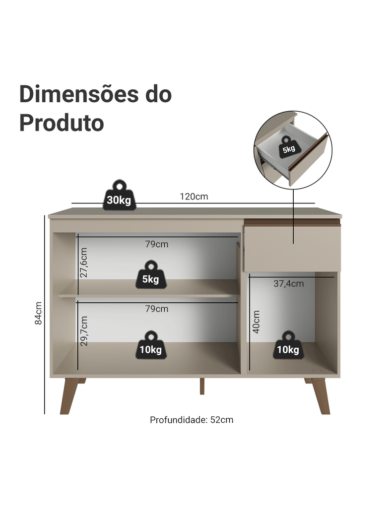 Balcão de Cozinha 120 cm 3 Portas 1 Gaveta Com Pés Crema Nice Madesa