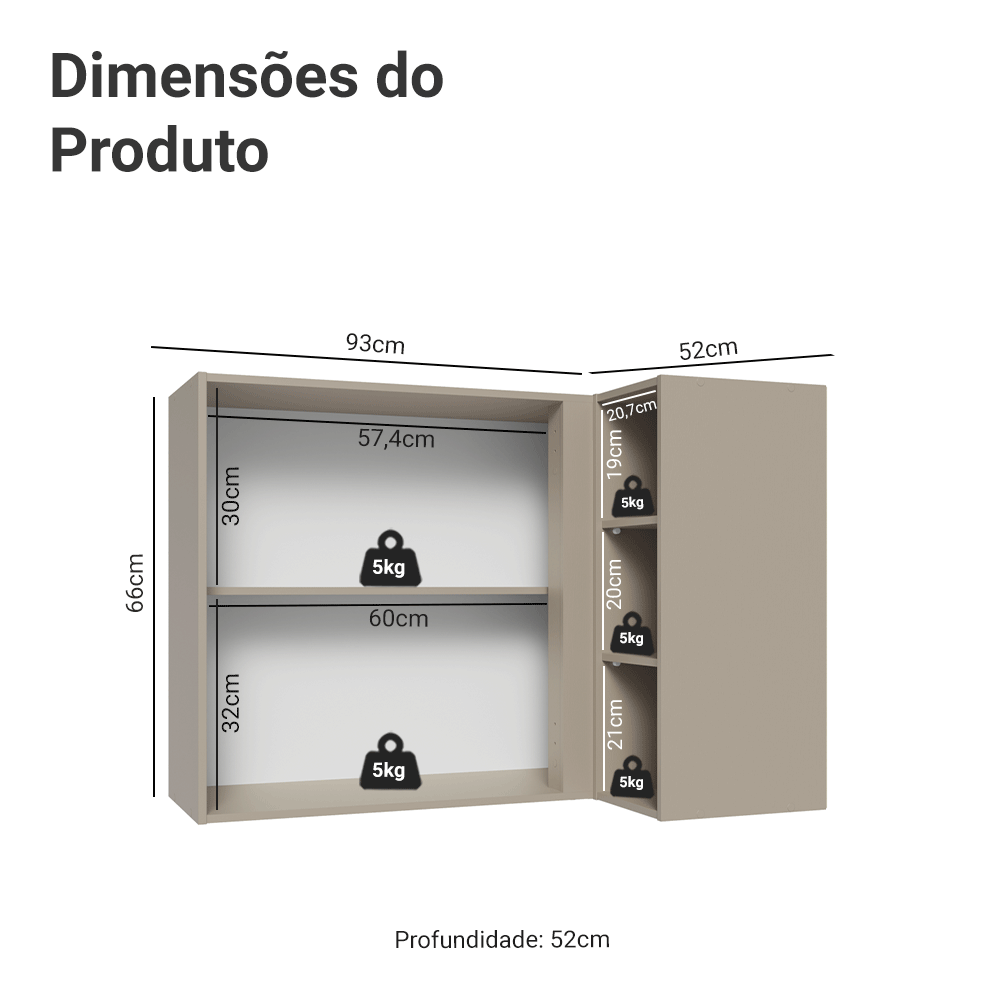 Armário Aéreo de Canto 1 Porta e Adega Crema Nice Madesa - Crema
