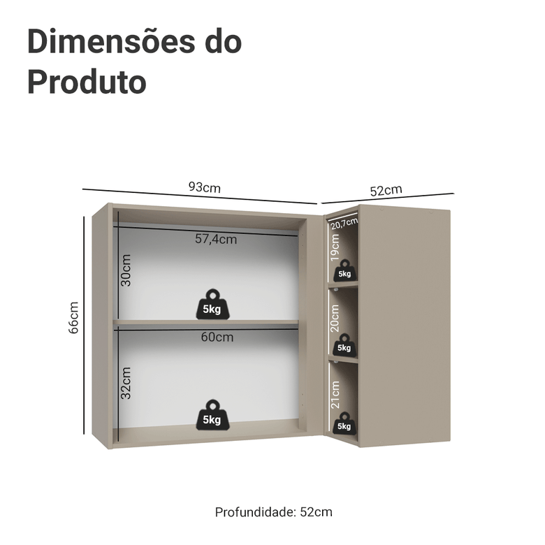 Armário Aéreo de Canto 1 Porta e Adega Crema Nice Madesa