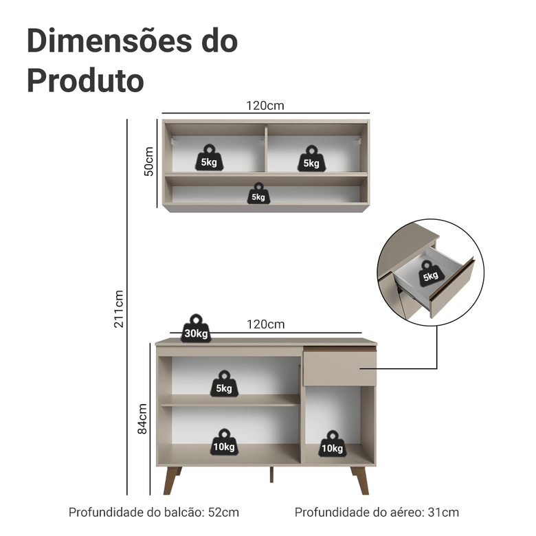Armário de Cozinha Compacta 120 cm Crema Nice Madesa 01