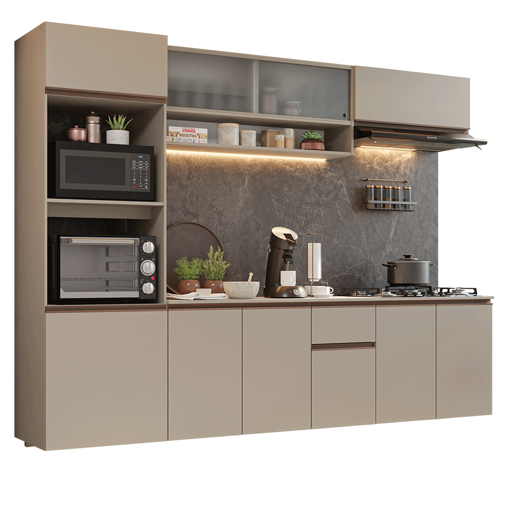 Armário de Cozinha Completa 260 cm Suspenso Crema Nice Madesa 15 - Crema