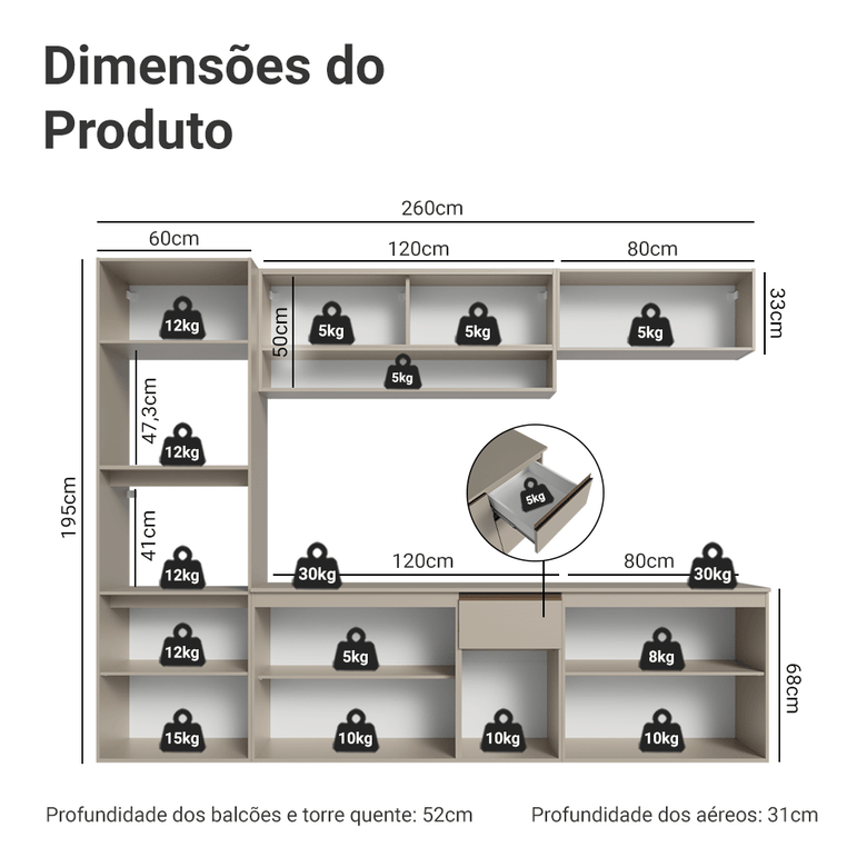 Armário de Cozinha Completa 260 cm Suspenso Crema Nice Madesa 15