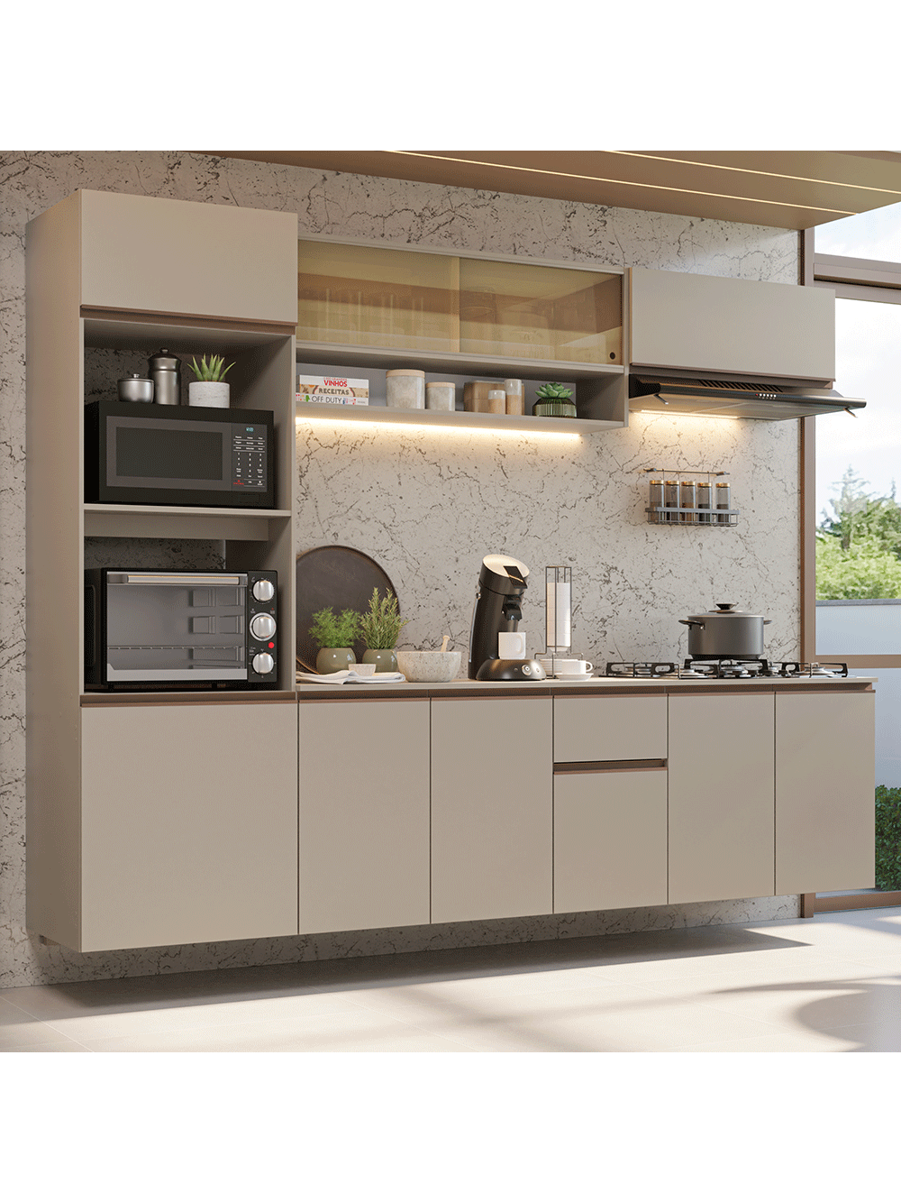 Armário de Cozinha Completa 260 cm Suspenso Crema Nice Madesa 14 - Crema