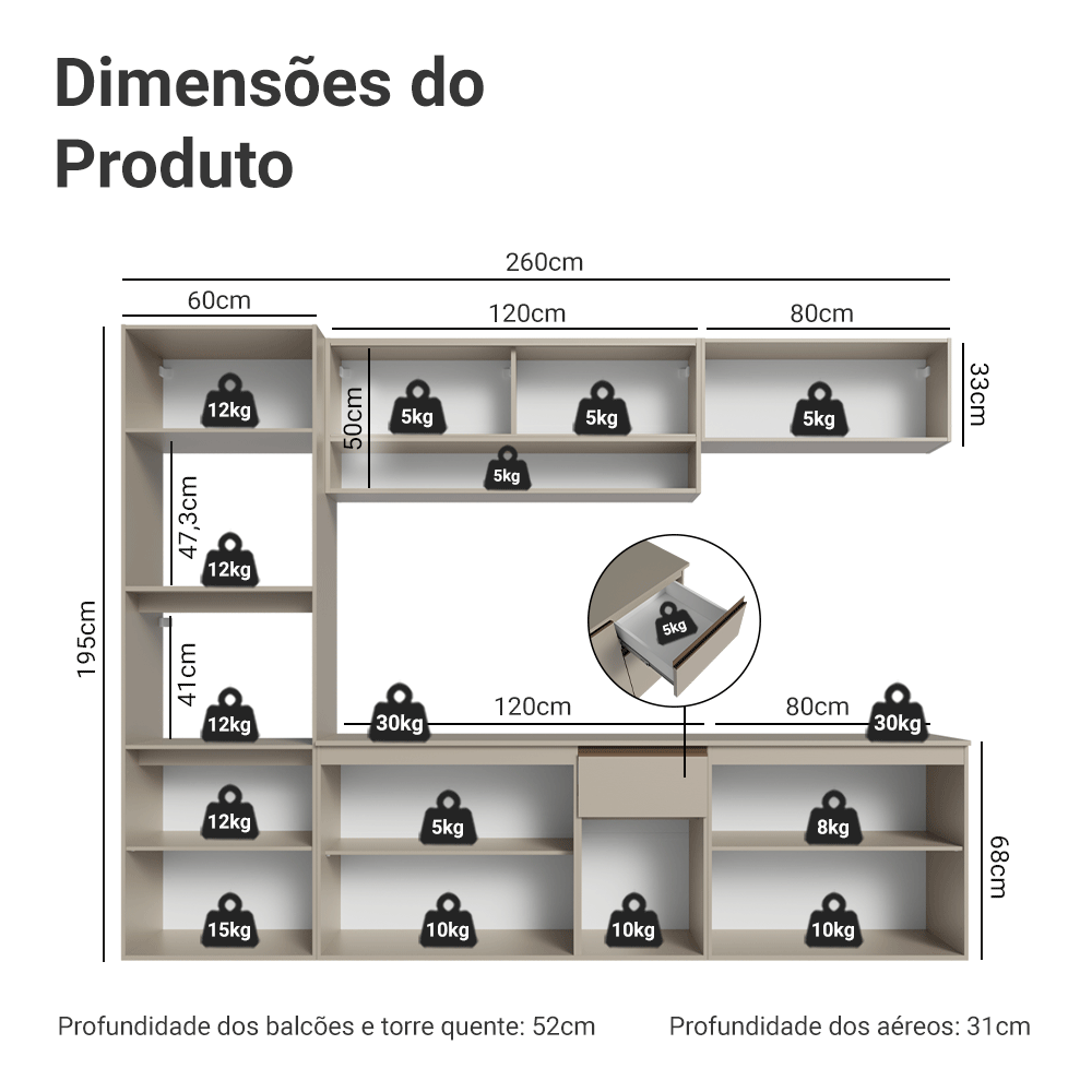 Armário de Cozinha Completa 260 cm Suspenso Crema Nice Madesa 14