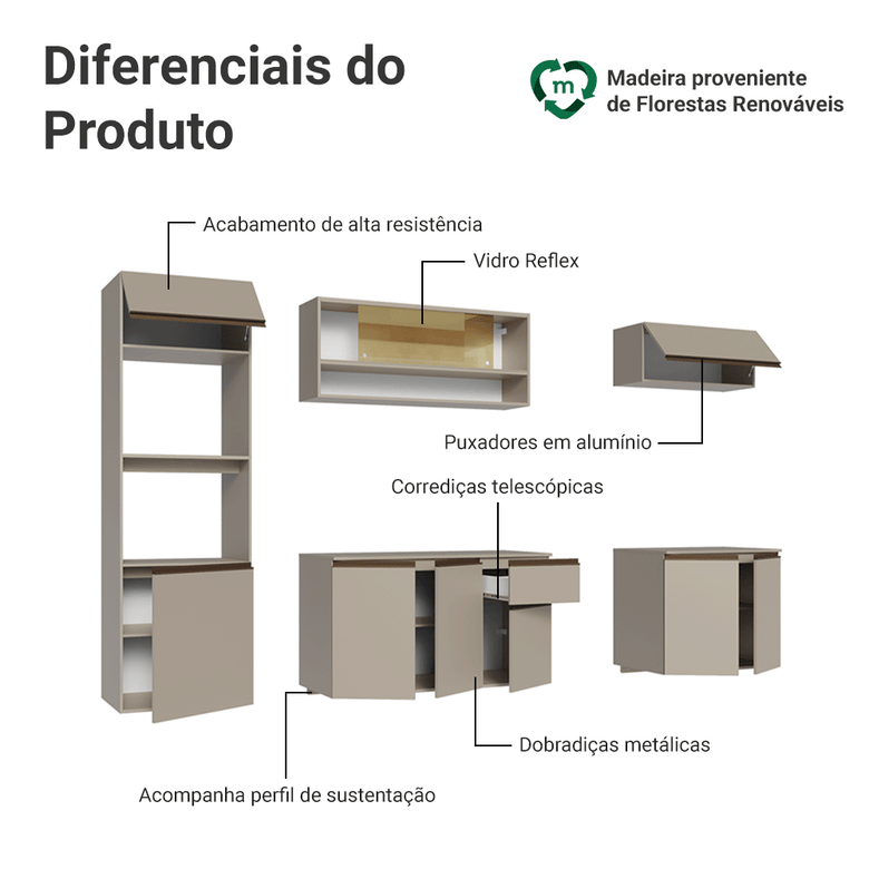 Armário de Cozinha Completa 260 cm Suspenso Crema Nice Madesa 14